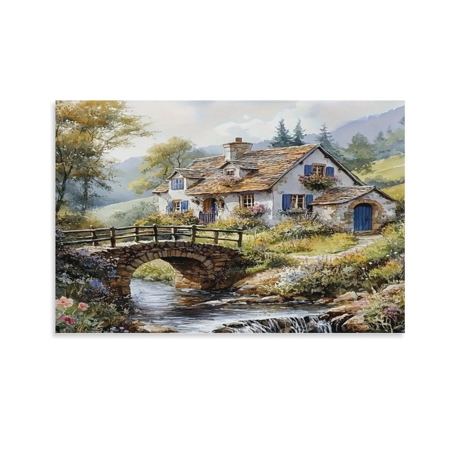CPLVKWRQJ Snowy Mountain Landscape with Pink Roses Individual Stone Cottage Old Arch Bridge Autumn Brook Canvas Print - Office Wall Art Fade Resistant Statement Piece Ready to Hang 24x36inch(60x90cm)