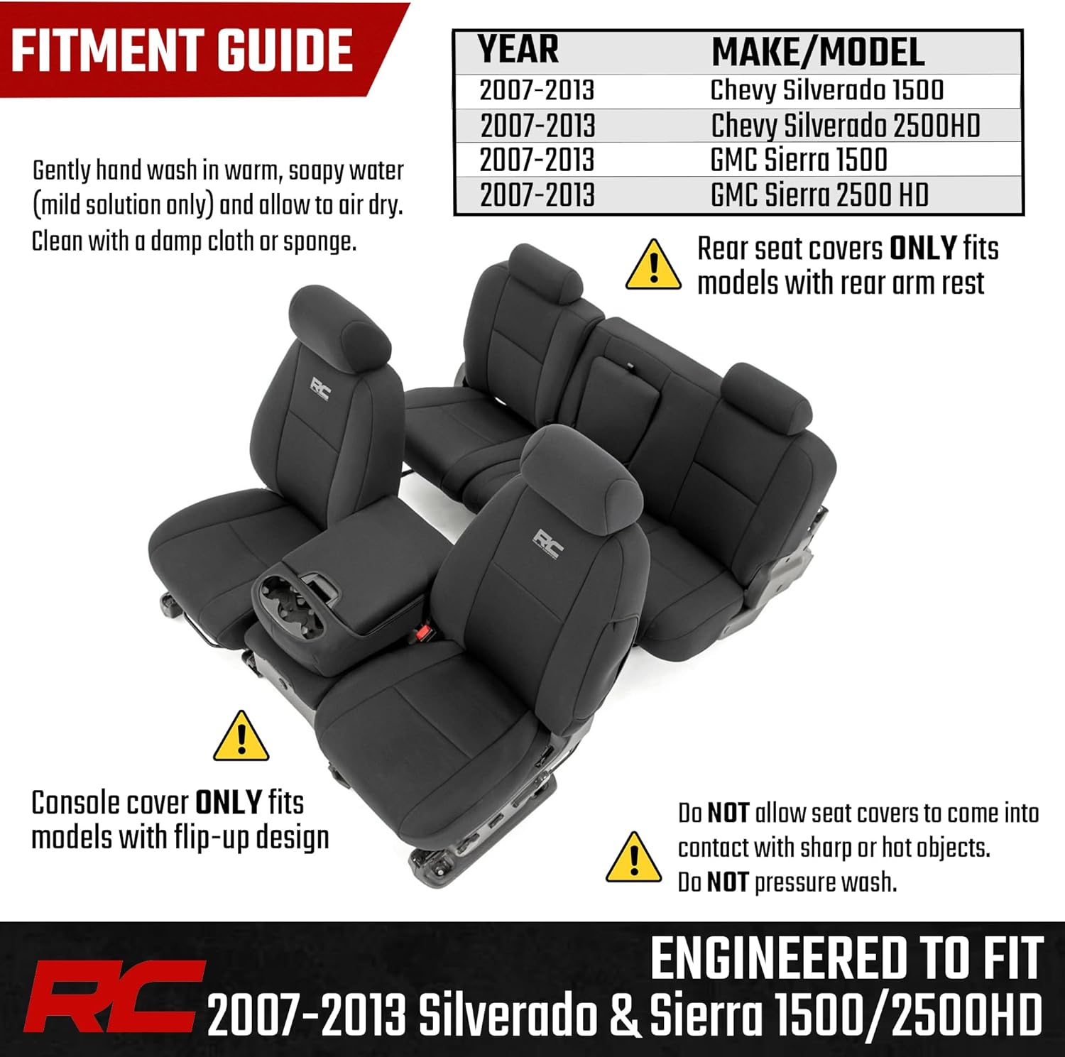 Rough Country Neoprene Seat Covers for Chevy Silverado & GMC Sierra 1500/2500HD (2007-2013) - Waterproof, UV Resistant, Foam-Padded Front & Rear Set w/Rear Armrest