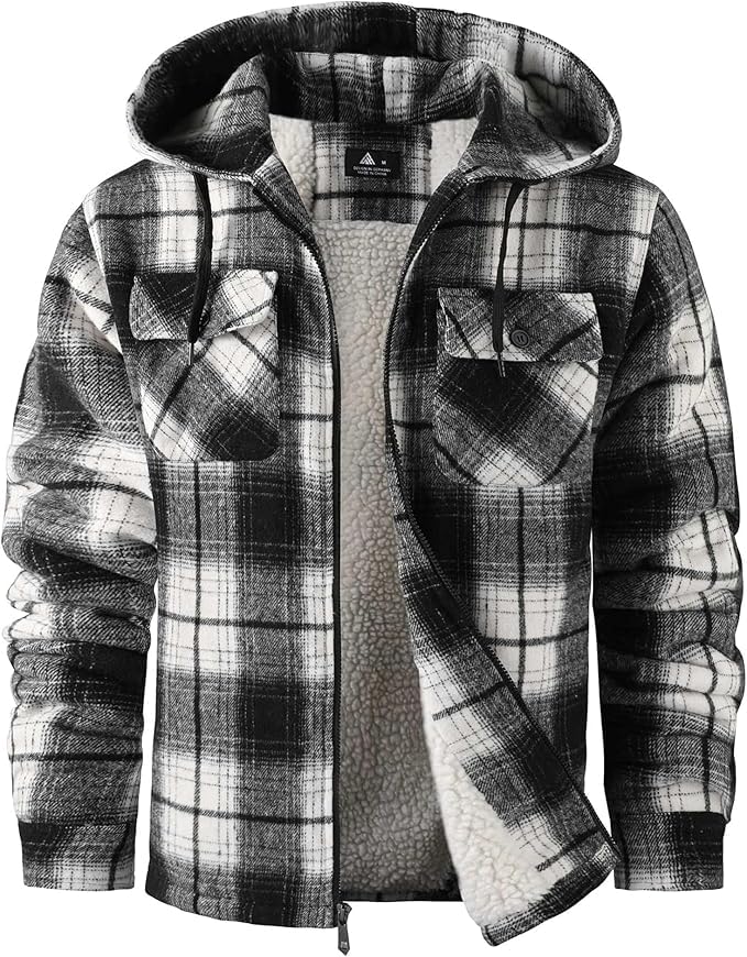 SCODI Men's Flannel Shirt Jacket Fleece Sherpa Lined Plaid Jackets Coat Full Zip Up Hoodie Winter Outwear