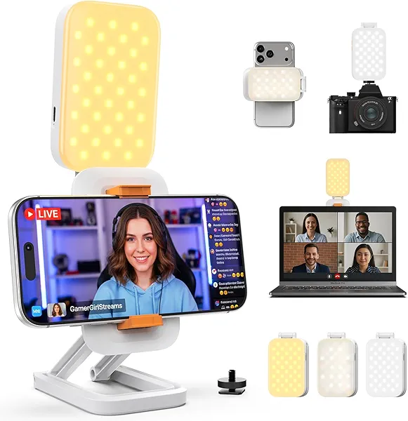 JCZT 10" Selfie Light with Stand & Phone Holder – Portable LED Ring Light Clip with Tripod Adapter, Rechargeable 3 Color & 14 RGB Modes for iPhone, Laptop, Camera, Makeup, Video Recording