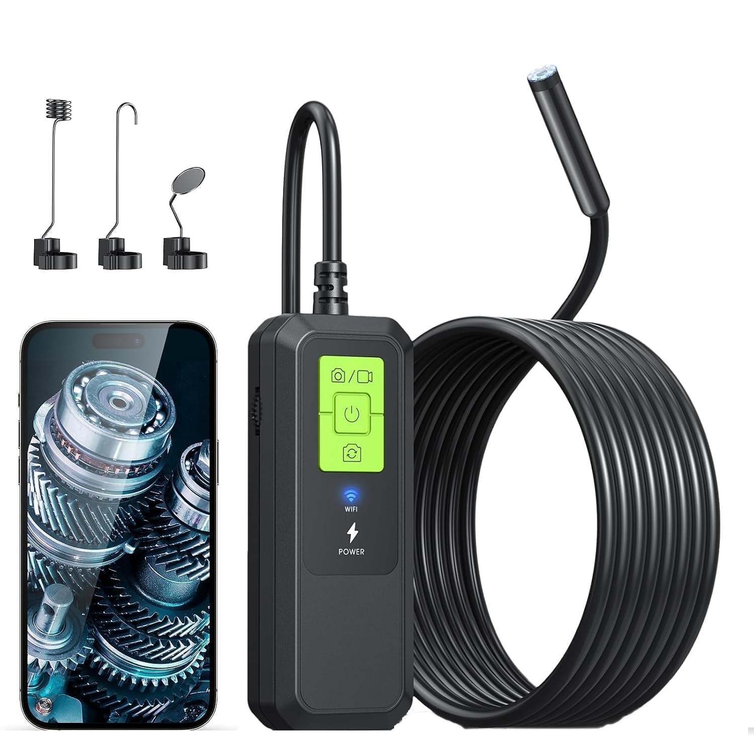 Kinpthy Endoscope Camera with Light, 1920P HD Borescope Tools with 8 Adjustable LED Lights, Endoscope with Semi-Rigid Snake Camera, WiFi Inspection Borescope for iOS and Android - 16.3ft
