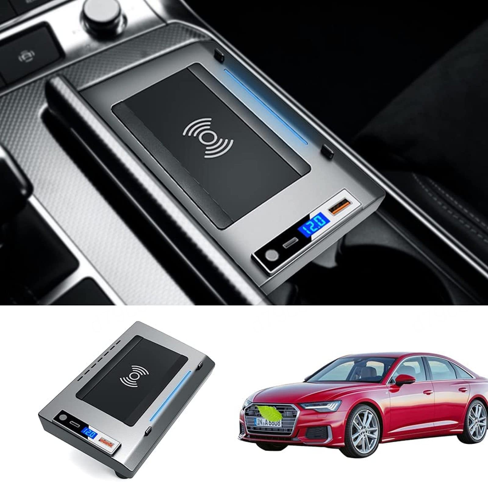 XLARSH Car Wireless Charger for a-u di A6 2019-2021 Center Console Accessory Panel,with QC3.0 USB Port and 18W PD Port 15W Fast Charging Phone Charger Pad for All Qi Phone