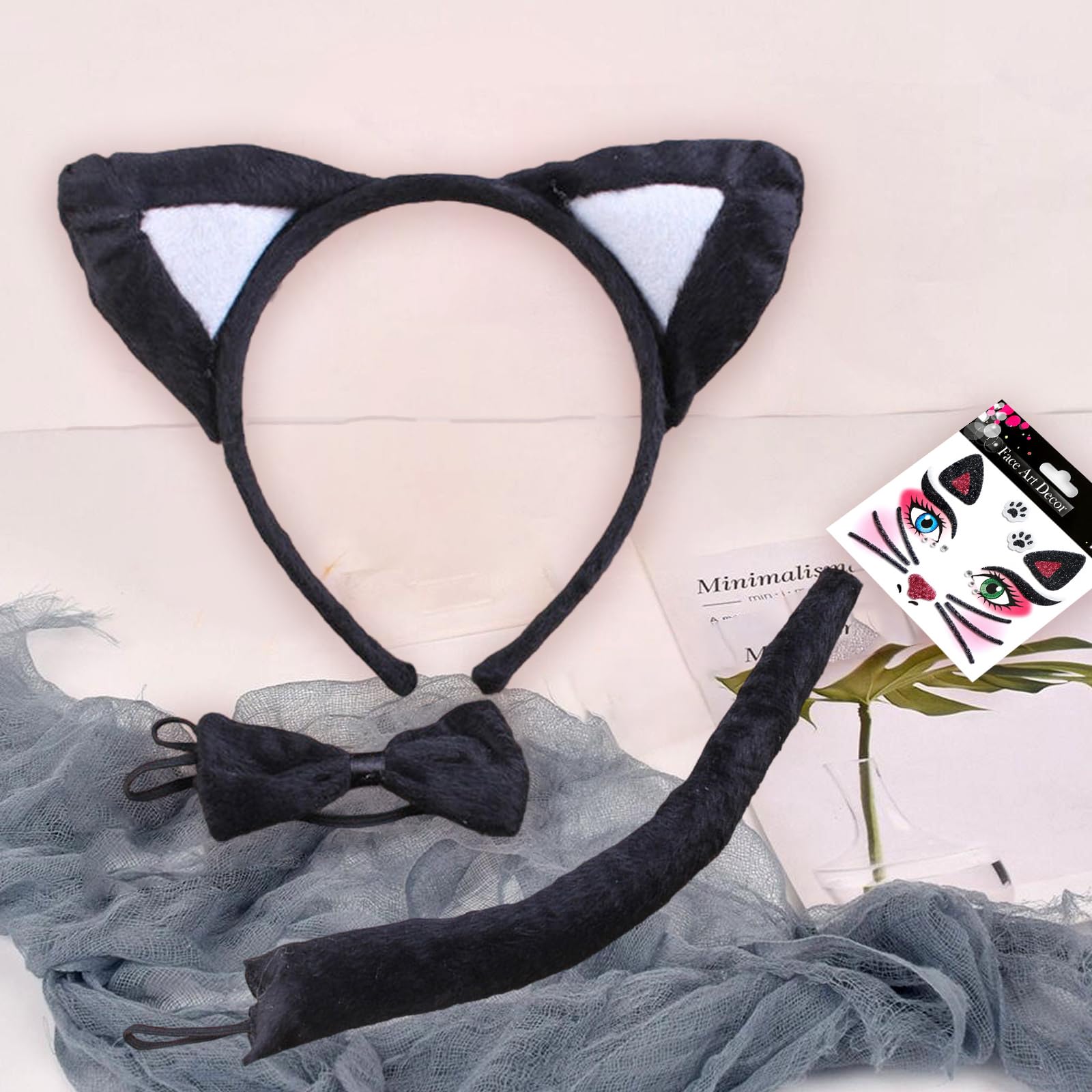 MUNSKT Animal Costume Set,Cat Ears and Tail,with Face Gems Glitter,Cat Ears Headband,for Fancy Dress Up Cosplay Halloween Carnival - Image 3