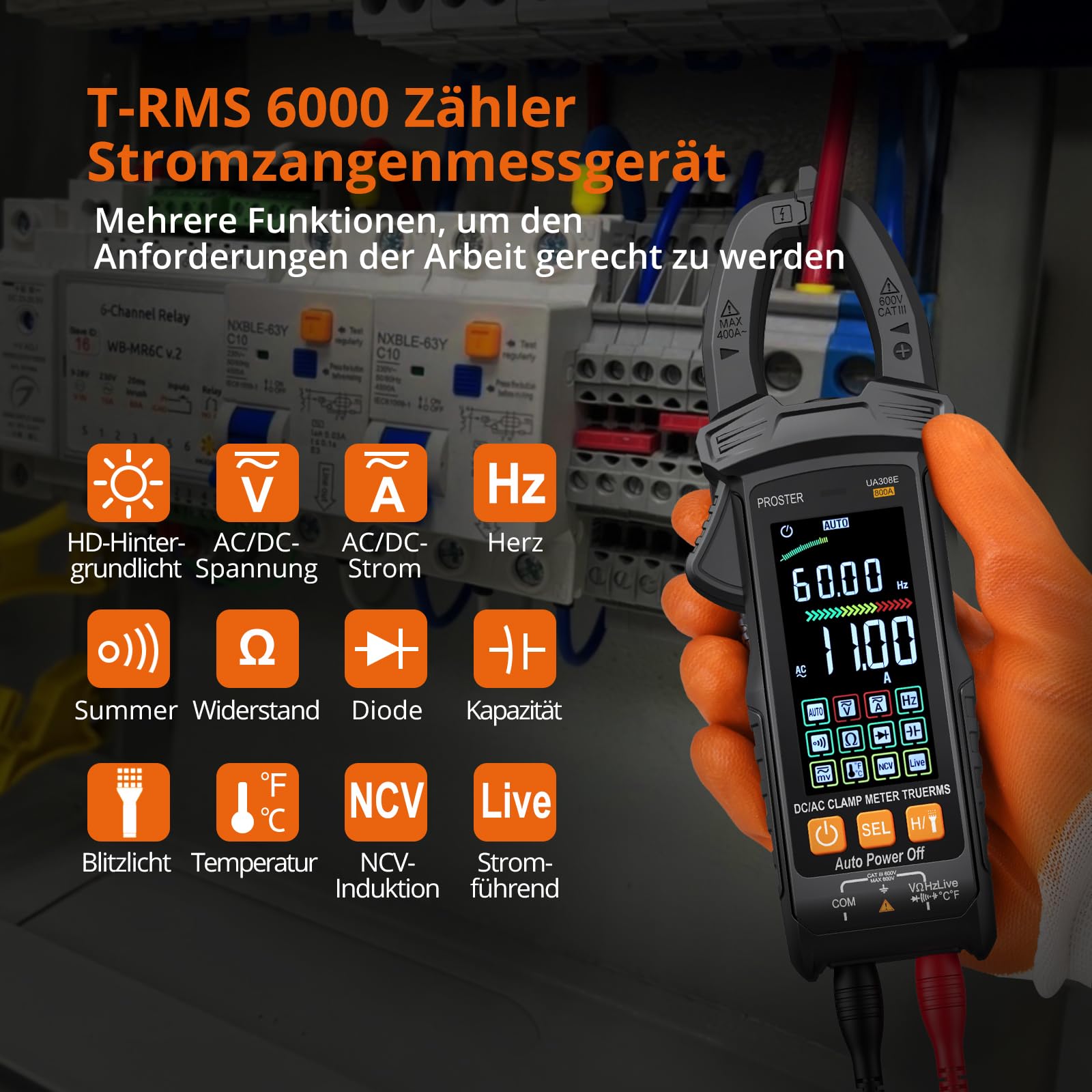 Proster Stromzange 6000 Zählungen Auto Range 800A AC/DC Strom 600V AC/DC Spannung NCV Stromführende Leitung Widerstand Diode Temperatur Kontinuität mit Aufbewahrungstasche Messleitungen