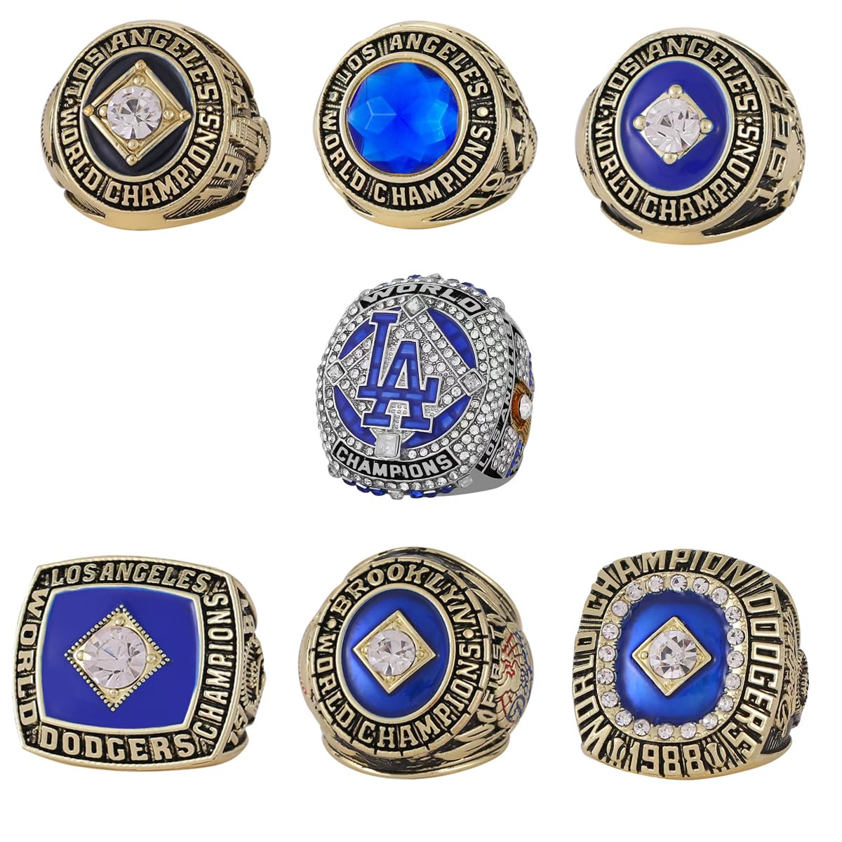 GIFT SET LOS ANGELES BASEBALL 1955 1959 1963 1965 1981 1988 2020 WORLD CHAMPIONSHIP RING, 7 RINGS SET WITH 7-HOLE WOODEN DISPLAY BOX PACKAGING, HOLIDAY GIFT FOR BASEBALL FANS