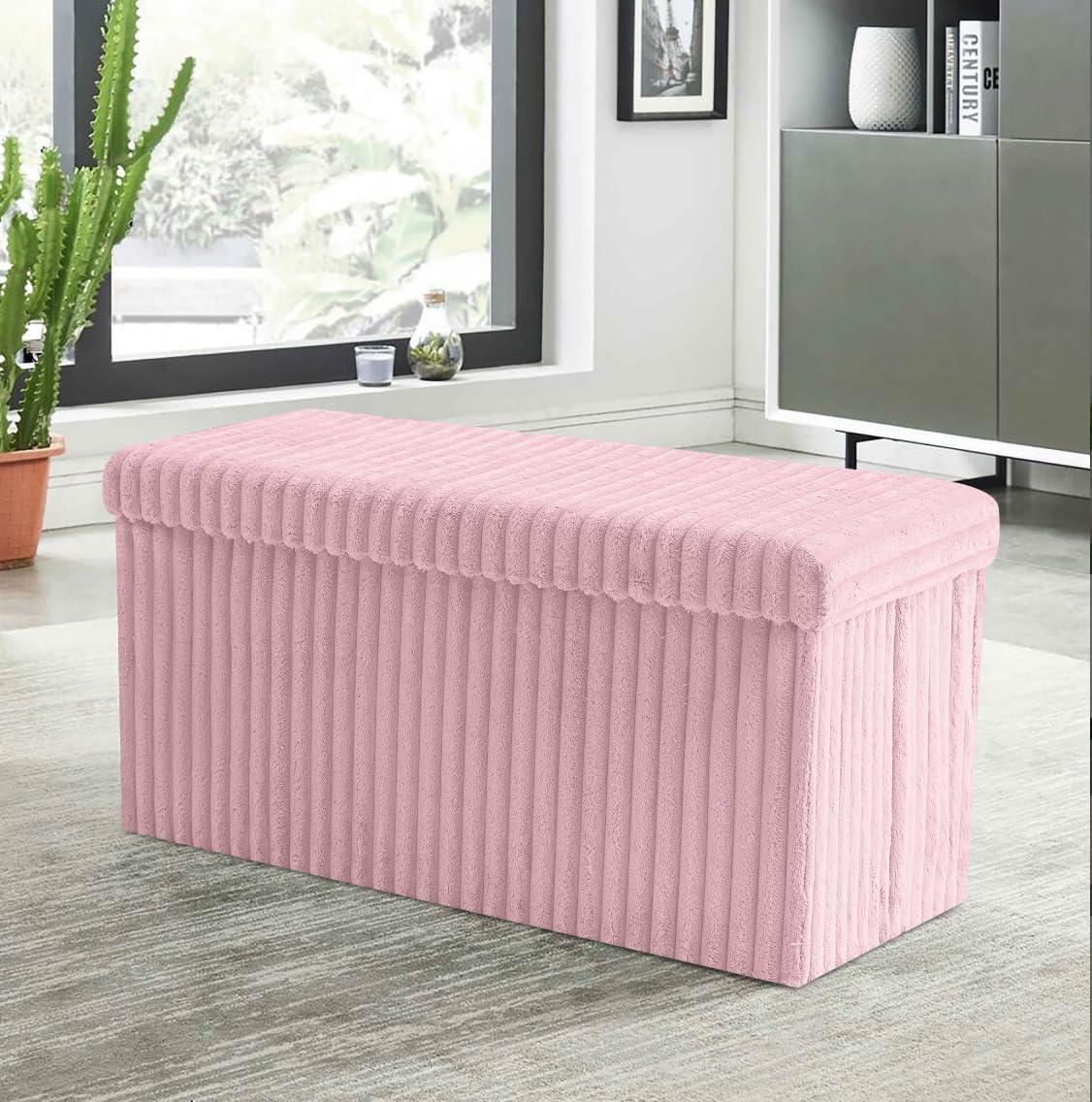 BLOOM BLENDS Ribbed Velvet Storage Ottoman Box – Foldable, Stylish & Multi-Purpose Seat with Lid | Available in 5 Colours | Bedroom, Living Room, Entryway (Pink, Large (76x35x36cm))