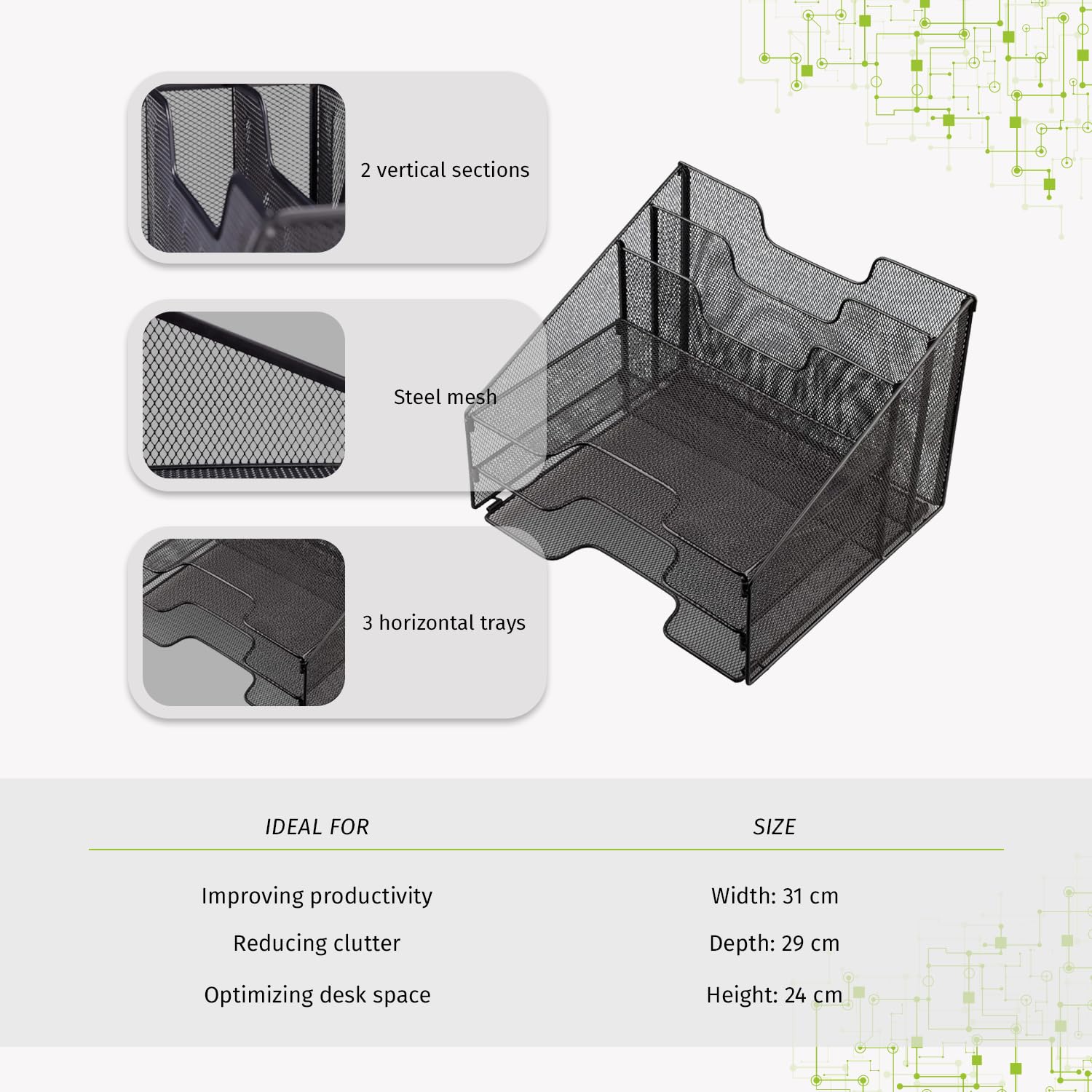 Techly 368062 Organizer da Scrivania a 3 Vassoi e 2 Sezioni Verticali Nero