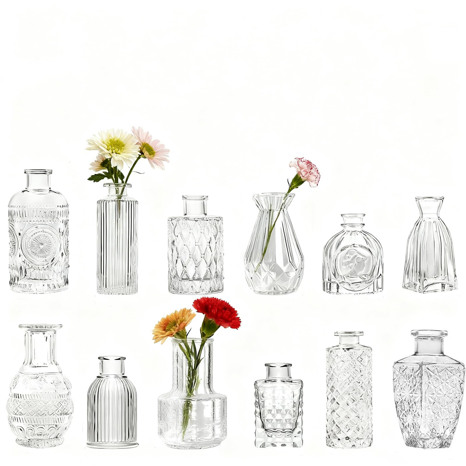 Small Glass Vases 12 Mini - Vintage Style Decorative Glass Vase with Jute Rope - Reusable and Strong, Ideal for Weddings, Parties and Home Decor