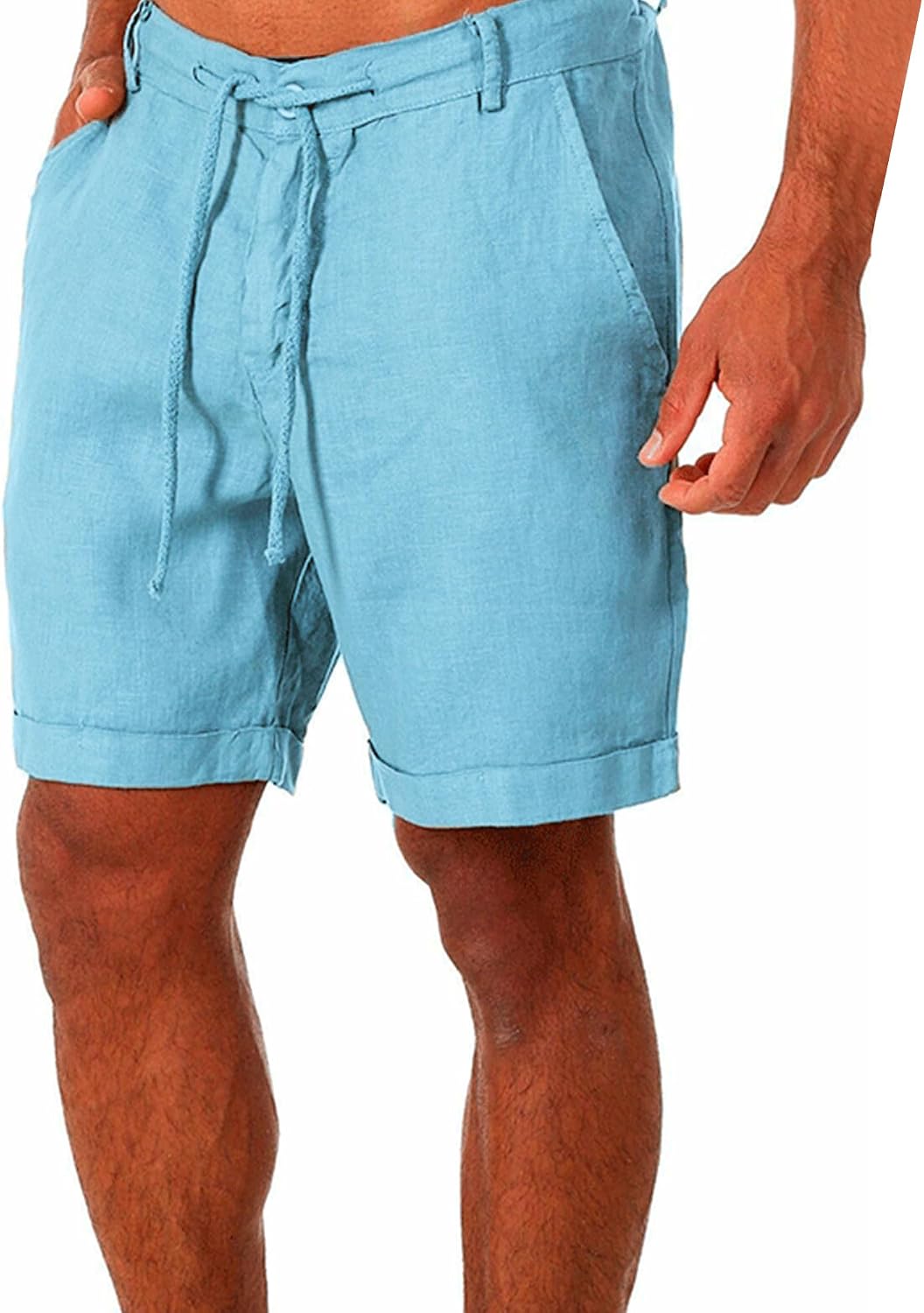 Men Linen Solid Color Lace-Up Casual Shorts Classic Summer Beach Shorts with Pocket Cotton Slim-Fit Gym Yoga Shorts
