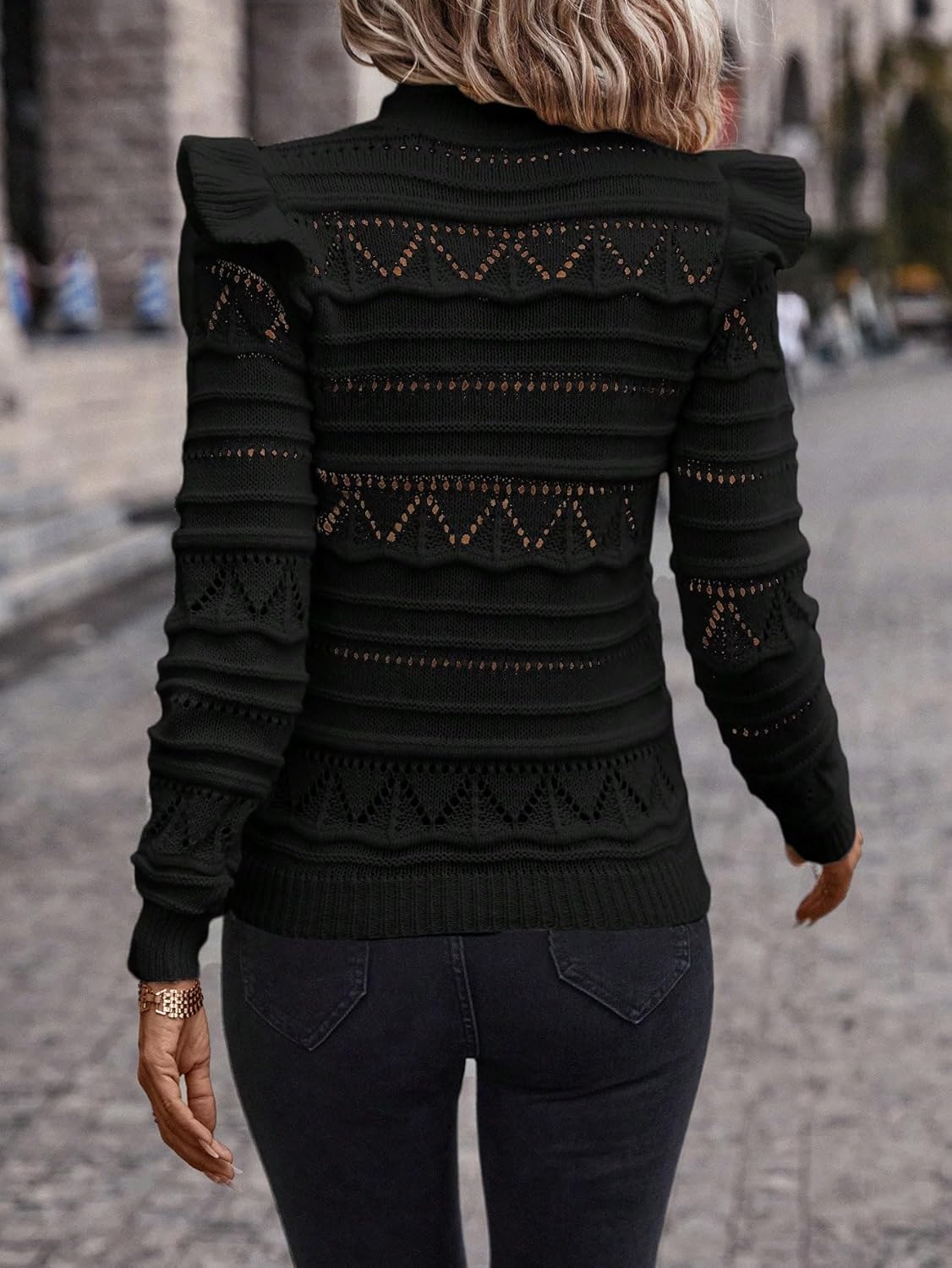 GORGLITTER Women's Ruffle Long Sleeve Knit Sweater Hollow Out Crew Neck Fall Trendy Pullover Tops - Image 2