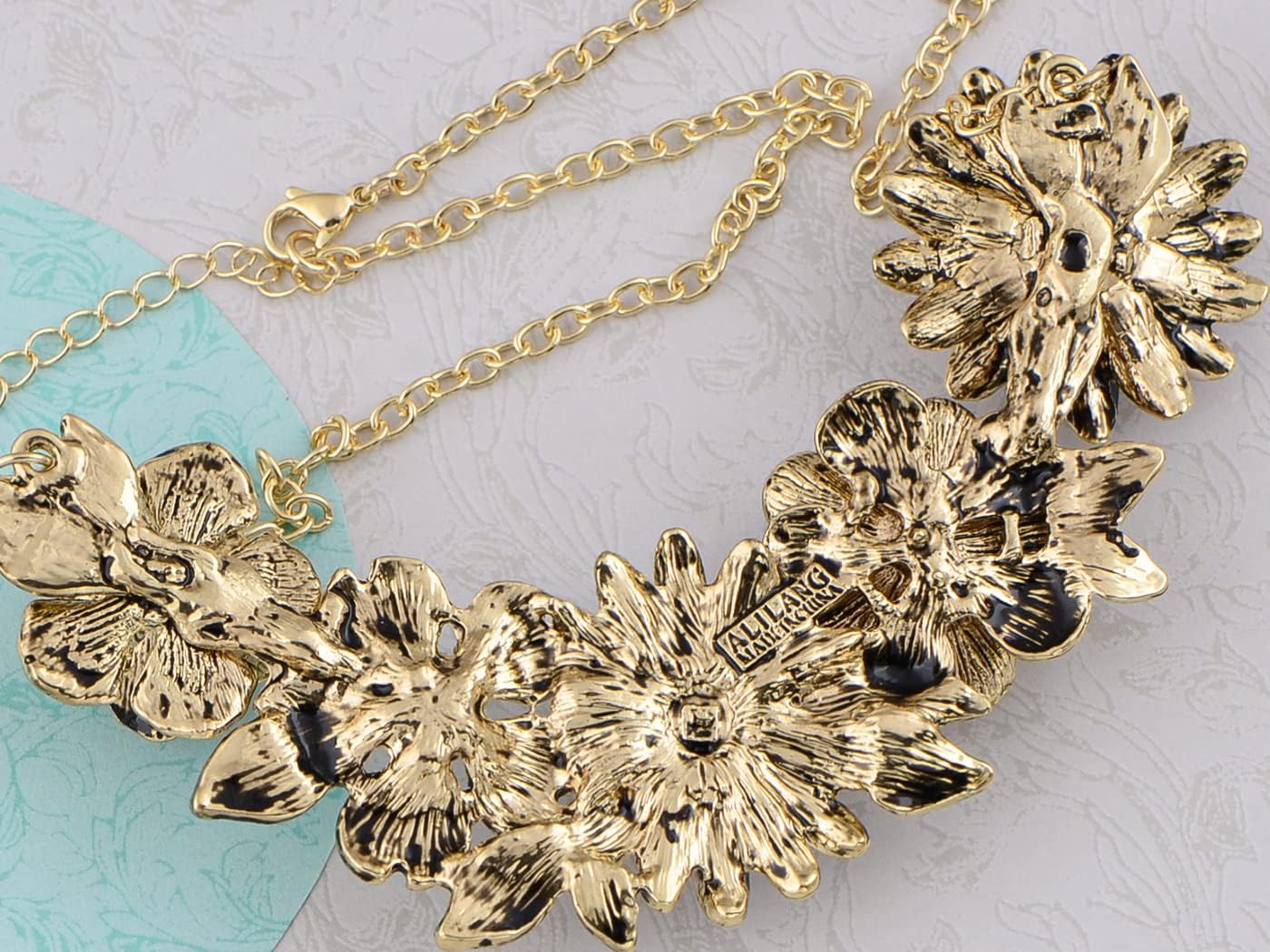 Alilang Womens Flower Rhinestones Pearl Statement Bib Golden Tone Necklace with Gray Yellow Enamel