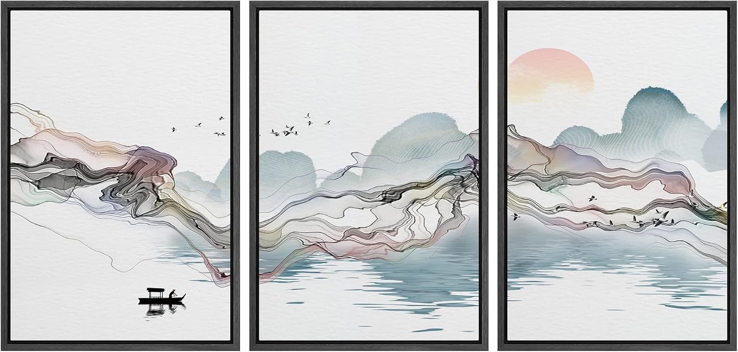 NWT Canvas Print Wall Art Set Pastel Watercolor Smoke Over Fisherman & Birds Abstract Wilderness Illustrations Modern Art Chic Cool for Living Room, Bedroom, Office - 24"x36"x3-24"x36"x3 Black