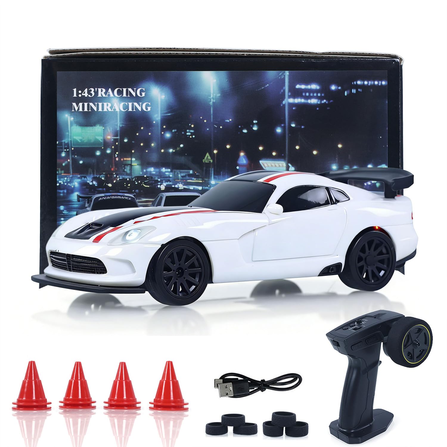 US in Stock, 2.4G Remote Control Racing Car 4311G 1/43 High Speed Gyroscope RC Drift Vehicle 4WD Ready to Run Mini Car Toy Radio Battery Hobby Grade Model for Ages 14+(White)