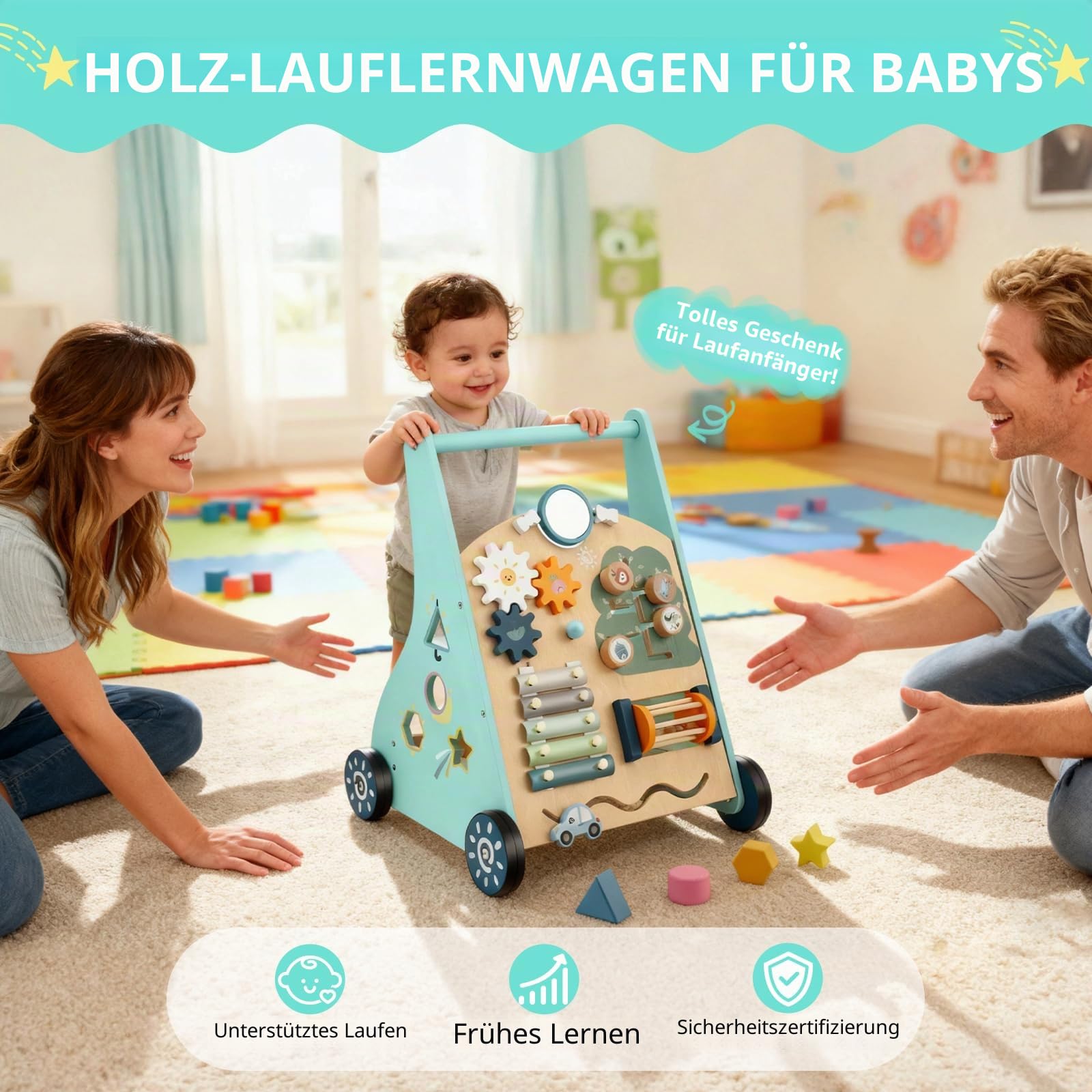 Baby Lauflernwagen aus Holz - Multifunktionale Lauflernhilfe mit Motorikspielzeug - Montessori Lernspielzeug mit Griff - 8 Verschiedene Spielbereiche Geschenk für Jungen und Mädchen ab 1 Jahr