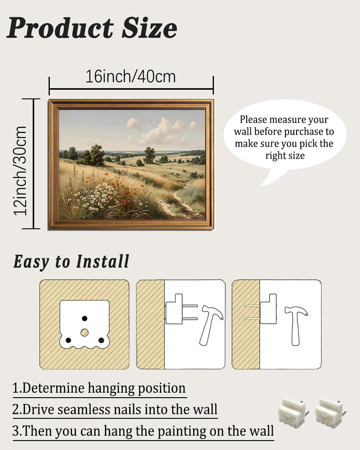 KBKBART Gold Framed Vintage Wall Art, Serene Fields Wildflowers Vintage Landscape Painting, Retro Pastoral Canvas Prints for Wall Decor, Small Bathroom Decor Wall Art for Living Room Bedroom (12"x16")