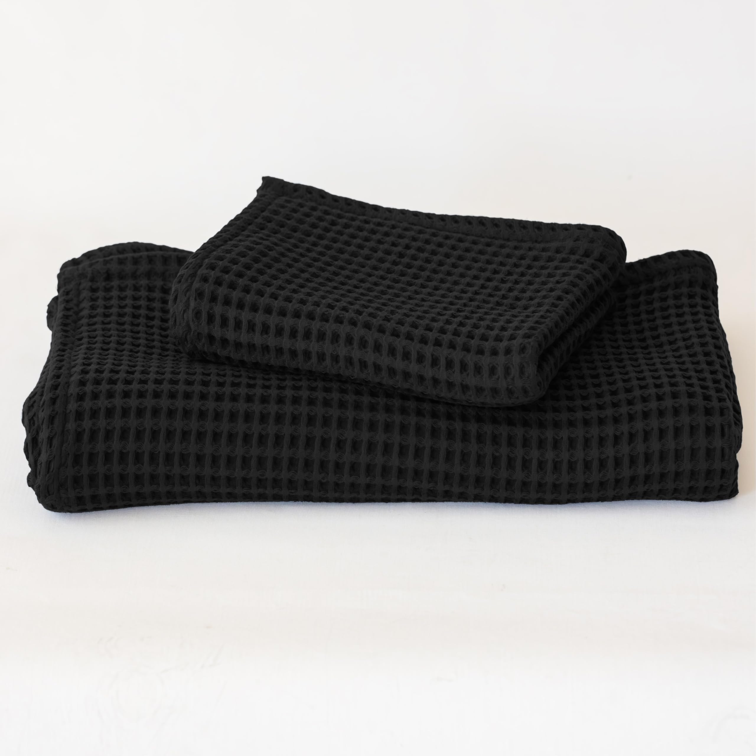 Viva Maison 2-Piece Waffle Towels Set for Bathroom Black - Soft 100% Turkish Cotton Quick-Dry Lint-Free Waffle Weave Thin Bath and Hand Towels (Black,