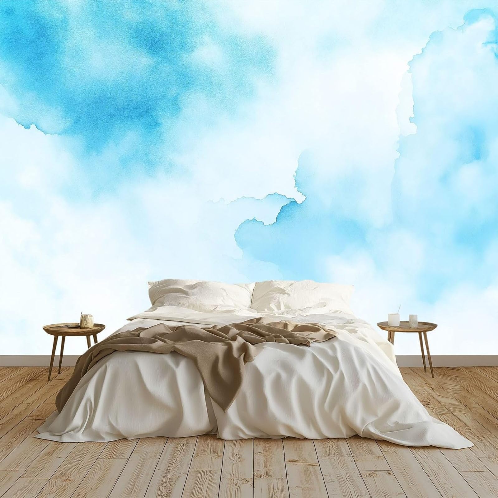 hgjdjhnf Watercolor White Clouds Photo Wallpaper, Wall Mural, Wall Decor, Design Patterned Wallpaper, Wall Decoration for Living Room, Bedroom, Office, Hallway, Blue, 300cm x 210cm