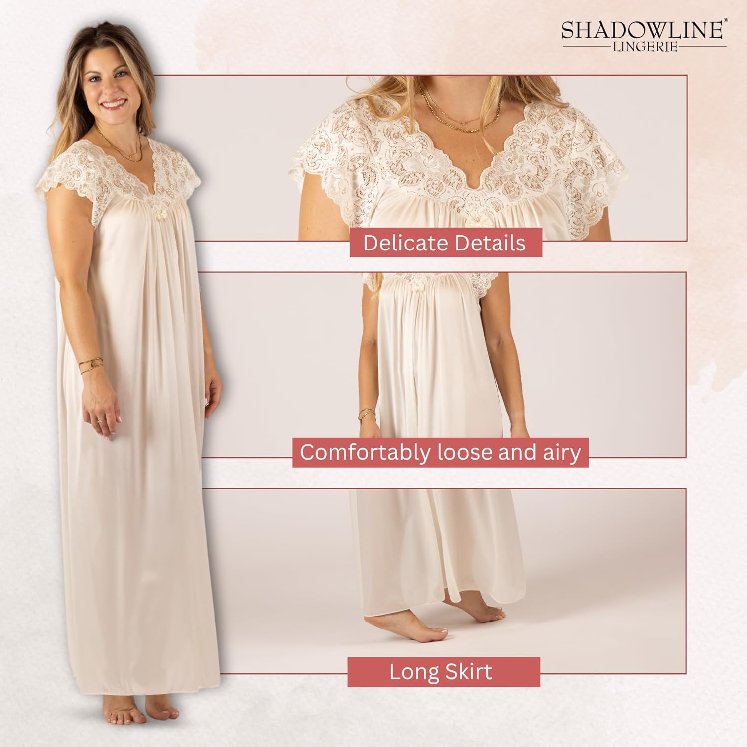 Shadowline Women's Long Flowy Figure Flattering Cap Sleeve Nightgown– Silky Floral Soft Lace Lingerie Elegant Sleepwear - Image 4