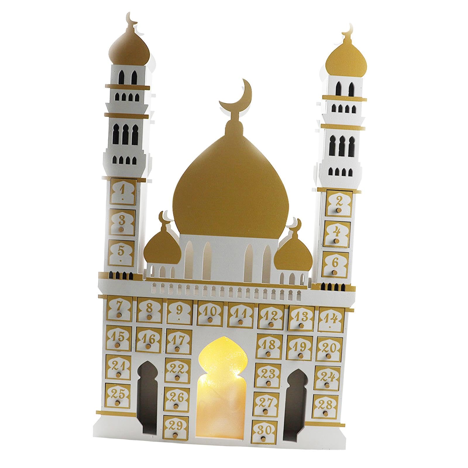 Holz LED Beleuchtung Eid Mubarak Adventskalender Dekoration mit Schubladen für Wohnzimmer Fest Büro Geschenk, Weiß