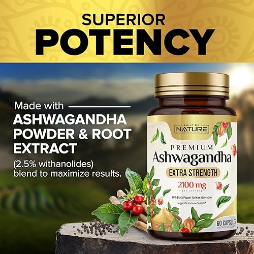 Miniatura 4 de Built by Nature Ashwagandha - Alivio del estrés extra fuerte de 2100 mg y apoyo del estado de ánimo con extracto de pimienta negra para una máxima