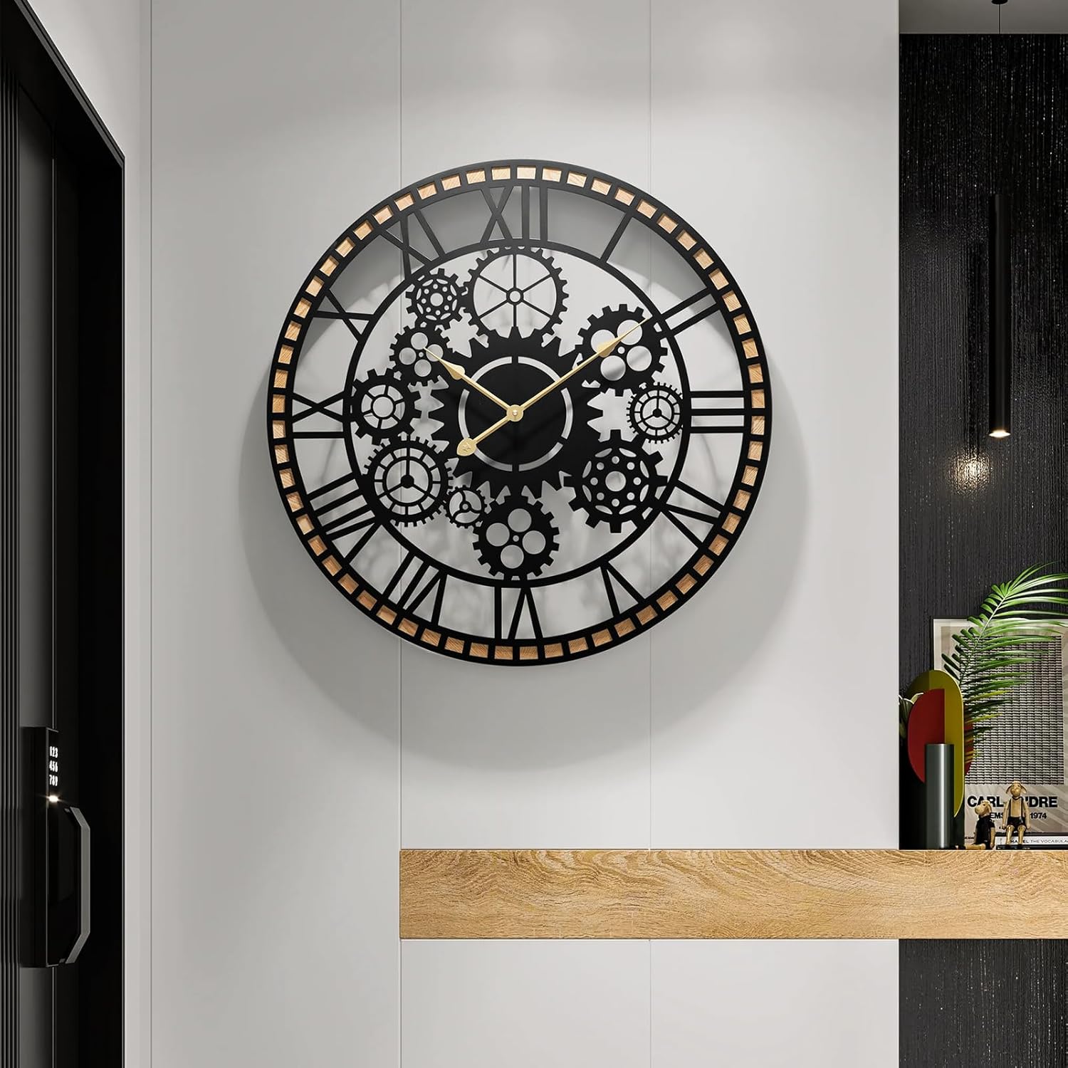 Large Farmhouse Wall Clocks for Living Room Decor，Industrial Gears Large Round Wall Clock 24 Inches or Larger with Wooden Clock for Office,Living Room,Kitchen,Dining Room Decor