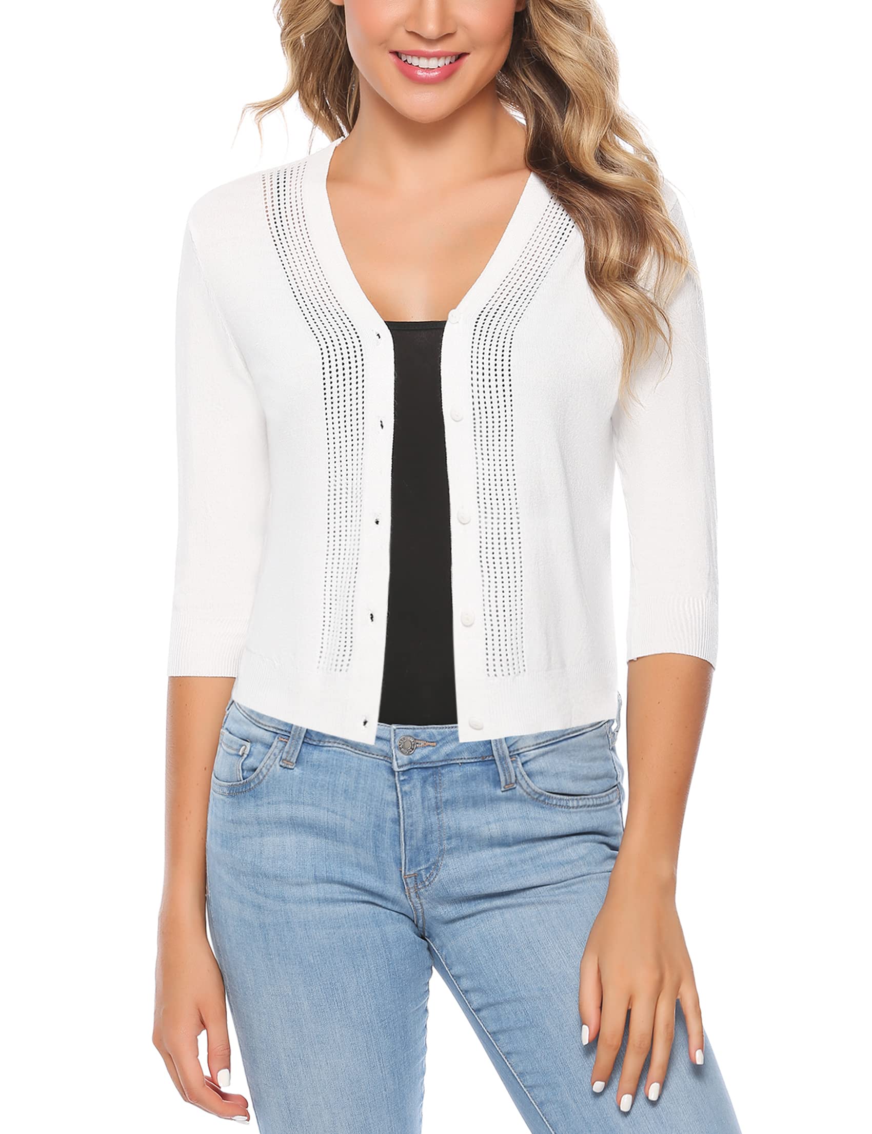 Sykooria Cárdigan Mujer Bolero 3/4 Mangas Chaqueta Punto Corto Elegante Bolero de Punto Mujer en V Botones para Fiesta Vacaciones Diariamente