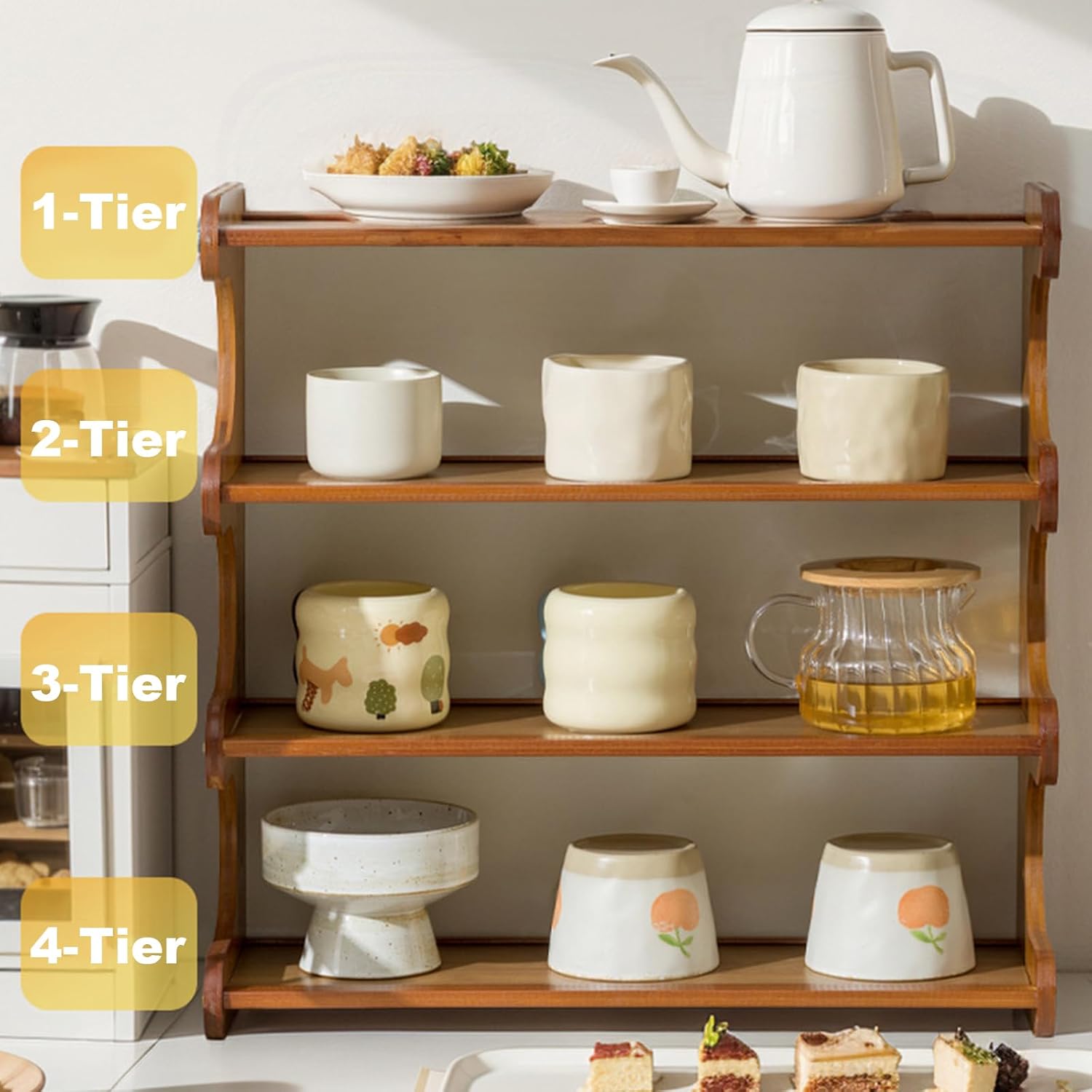 4-Tier Wooden Mug Display Holder, Mug Holder for Countertop Coffee Cup Holder Coffee Mug Organizer Mug Rack for Coffee Bar Organizer Mug Shelf for Cabinet for Kitchen, Home,Brown