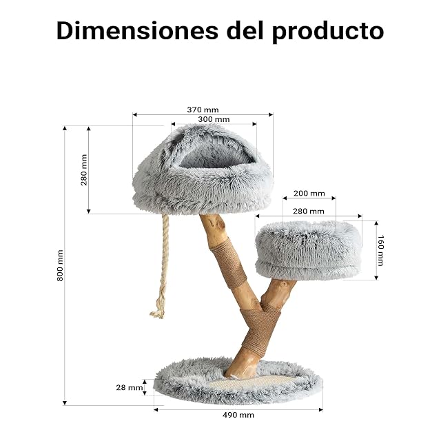 Foto 3 de 8 de Fudajo Árbol rascador de Gatos en diseño en Ramas 80cm Tela Peluche y sisal, rascador con Cueva