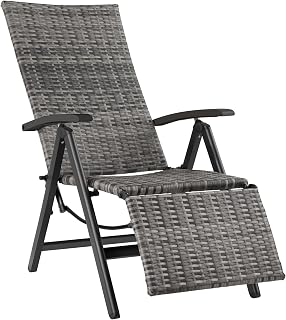TecTake® Silla de Ratán y Aluminio Plegable, Respaldo Ajustable y Reposapiés, Silla Conjunto Jardín Exterior, Muebles Jardín Exterior Resistentes a Intemperie, Reposabrazos en Madera - Gris