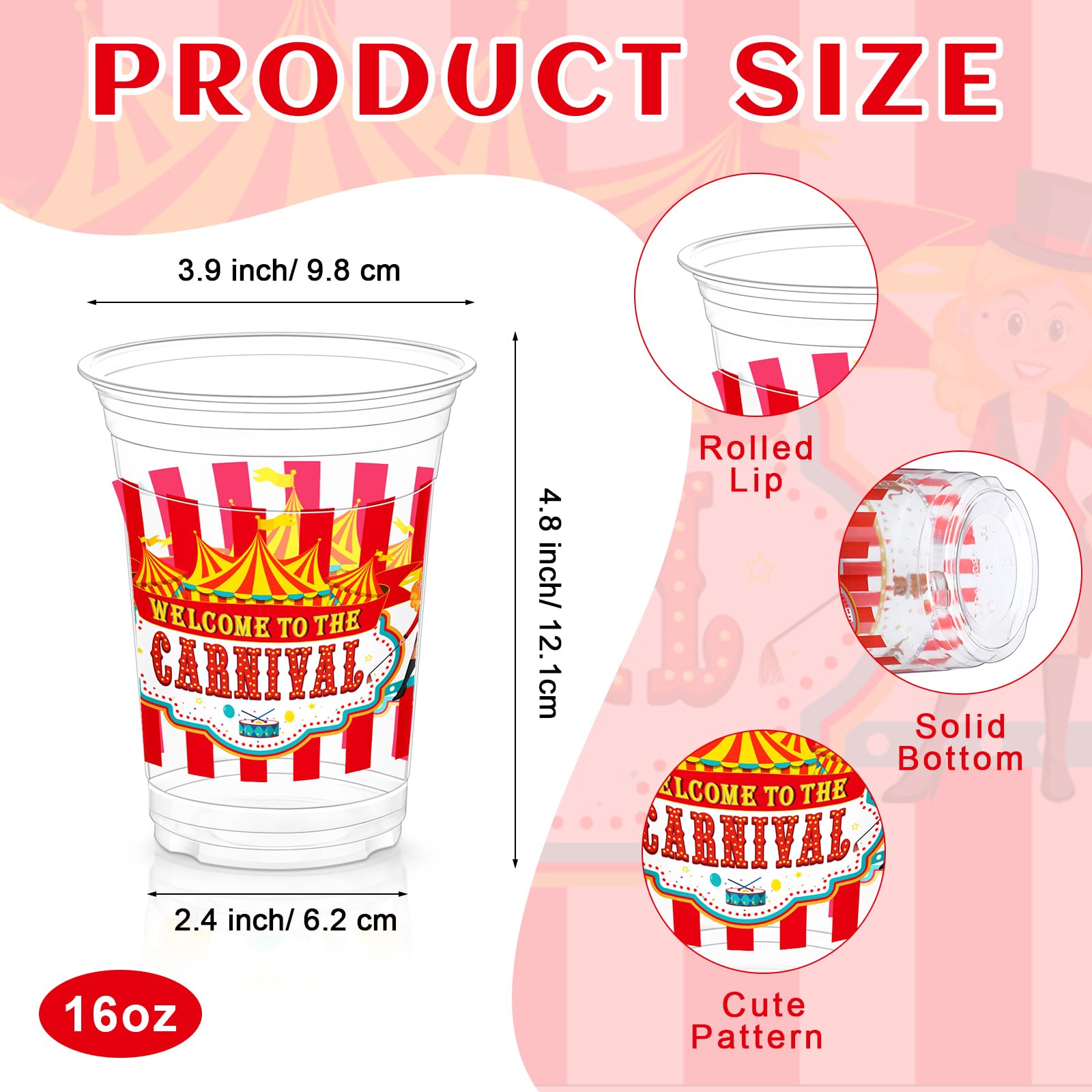 Jinei 60 Pcs Circus Party Supplies - 16 oz Plastic Cups for Carnival, Birthday Parties & Decorations