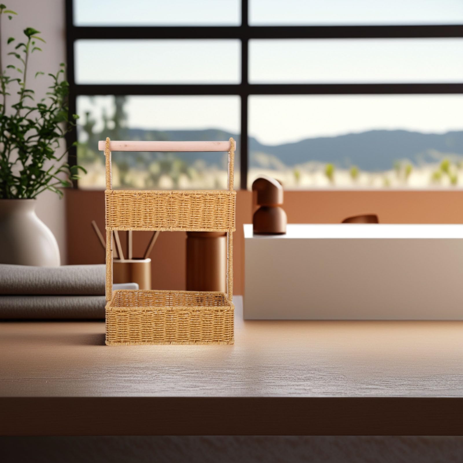 COHEALI Panier de Rangement Suspendu Tissé Main, Panier Décoratif à 2 Niveaux, Marron, Fer Bois Plastique, pour Snacks, Salle de Bain et Chambre