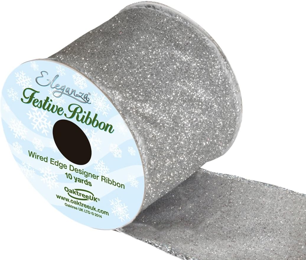 10 yd x 63 mm Satin Wired Edge Sparkly Glitter Ribbon, Silver