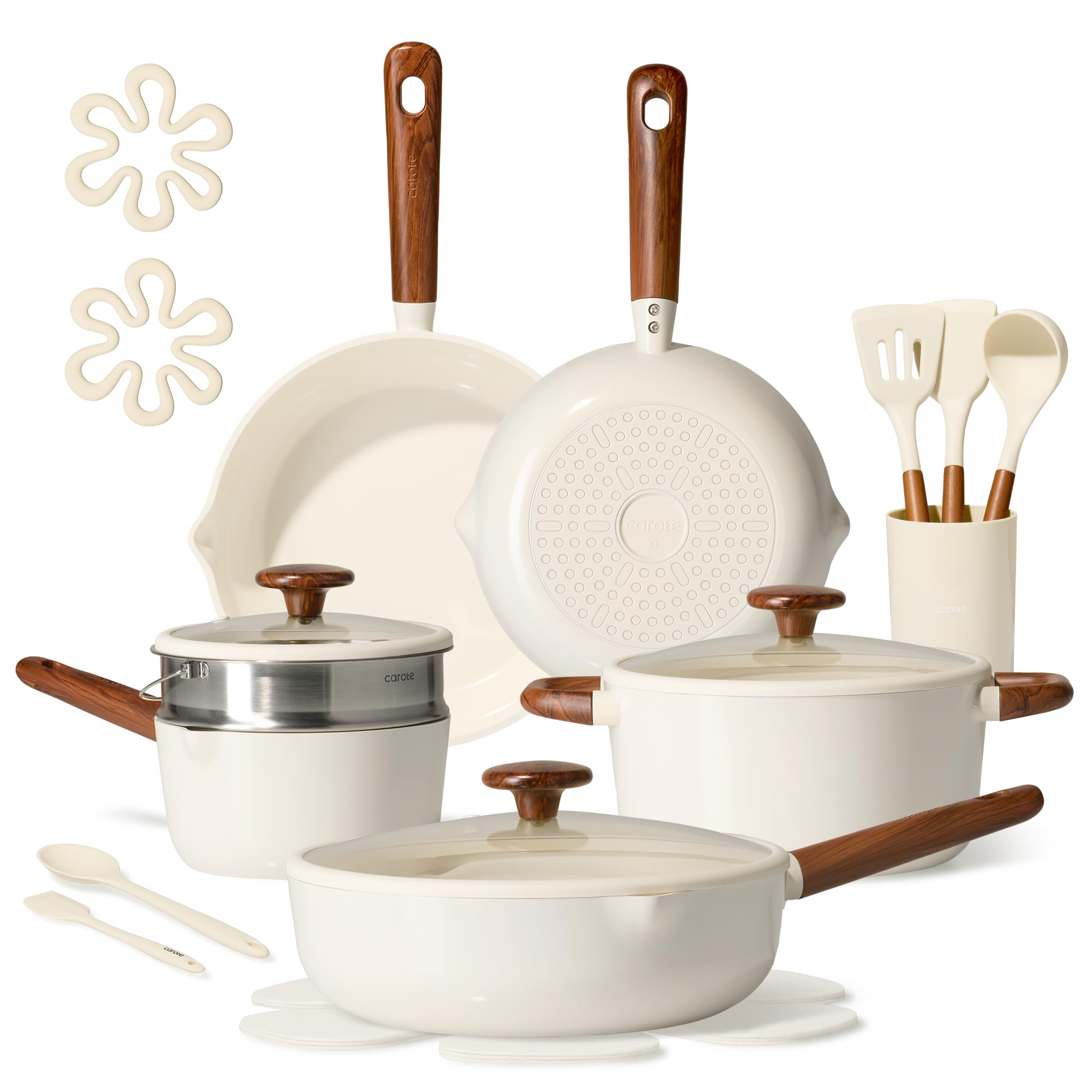 CAROTE 21pcs Cookware Set Nonstick Pots and Pans Set, Ceramic Cookware Set Induction Cookware, Non toxic Healthy Non Stick Kitchen Cooking Set, PFAS PTFE Free, White White 21 Piece