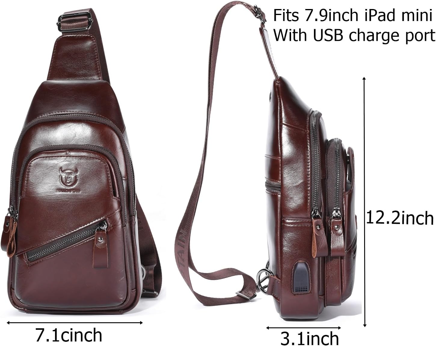 BULLCAPTAIN Leather Sling Chest Bag for Men Outdoor Hiking Travel Crossbody Bag Backpack with USB Charging Port (Dark brown) - Image 2