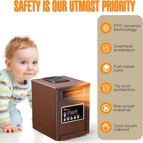 Vista 7 de Dr. Infrared Heater, 1500 W, sistema avanzado con humidificador y ventilador oscilante, control remoto, nogal DR998, sistema de calefacción dual