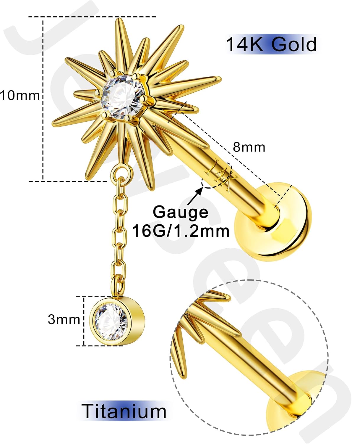 Jewseen 14K Solid Gold Threadless Flat Back Earrings 16g Cartilage Stud Dangle Tragus Stud Earrings for Women Men