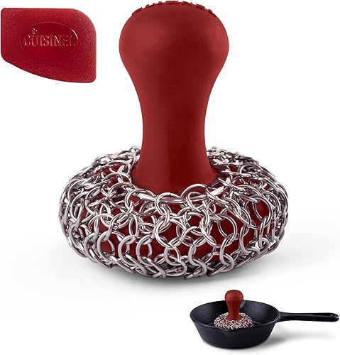 Miniatura 9 de Limpiador de malla de hierro fundido + raspador de sartén, limpiador ergonómico de lujo de acero inoxidable y silicona para ollas y sartenes, diseño