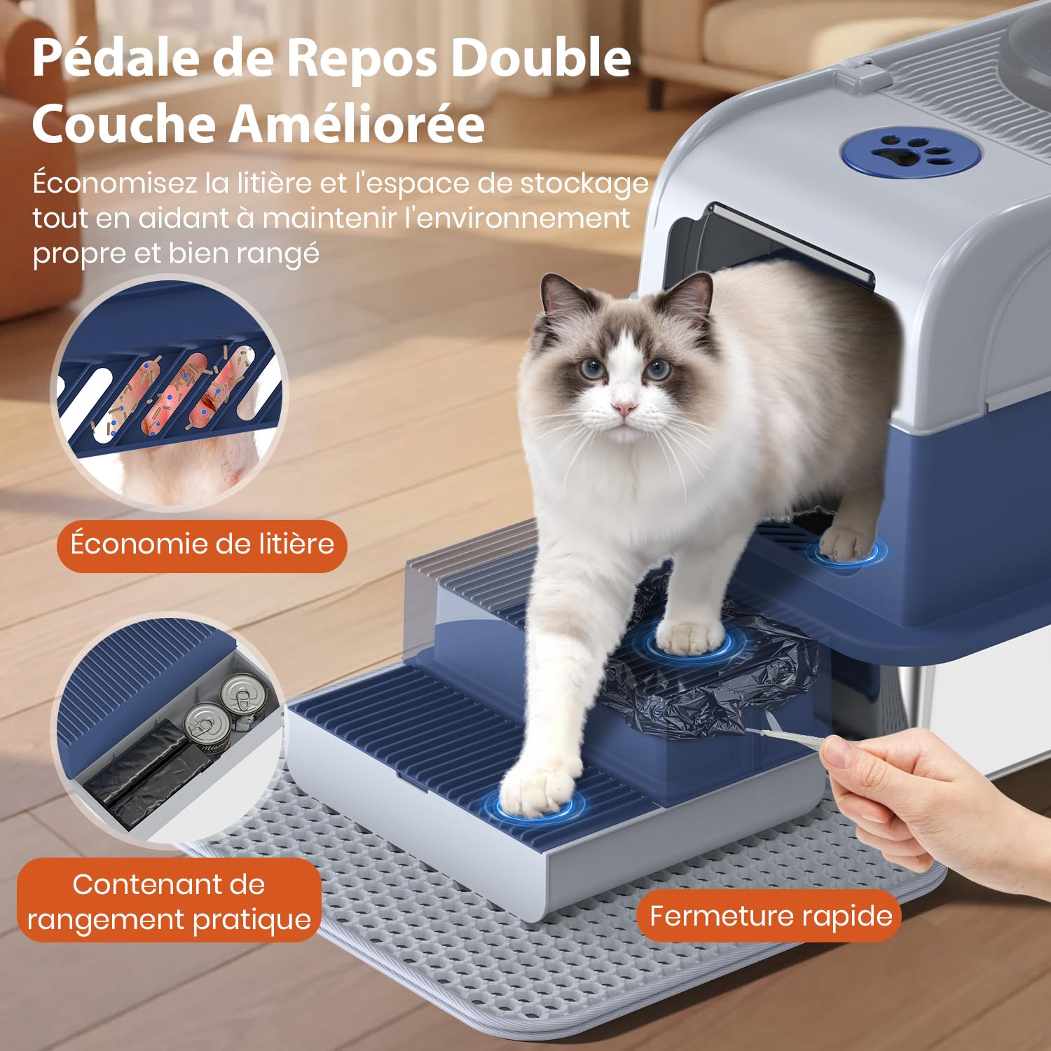 XXL Bac Litière pour Chat en Acier Inoxydable avec Couvercle, Litière Fermée Cityflee, Bac à Litière Couvert avec Entrée par Le Dessus et l'avant, Inclut Tapis et Pelle à Litière, Contrôle des Odeurs