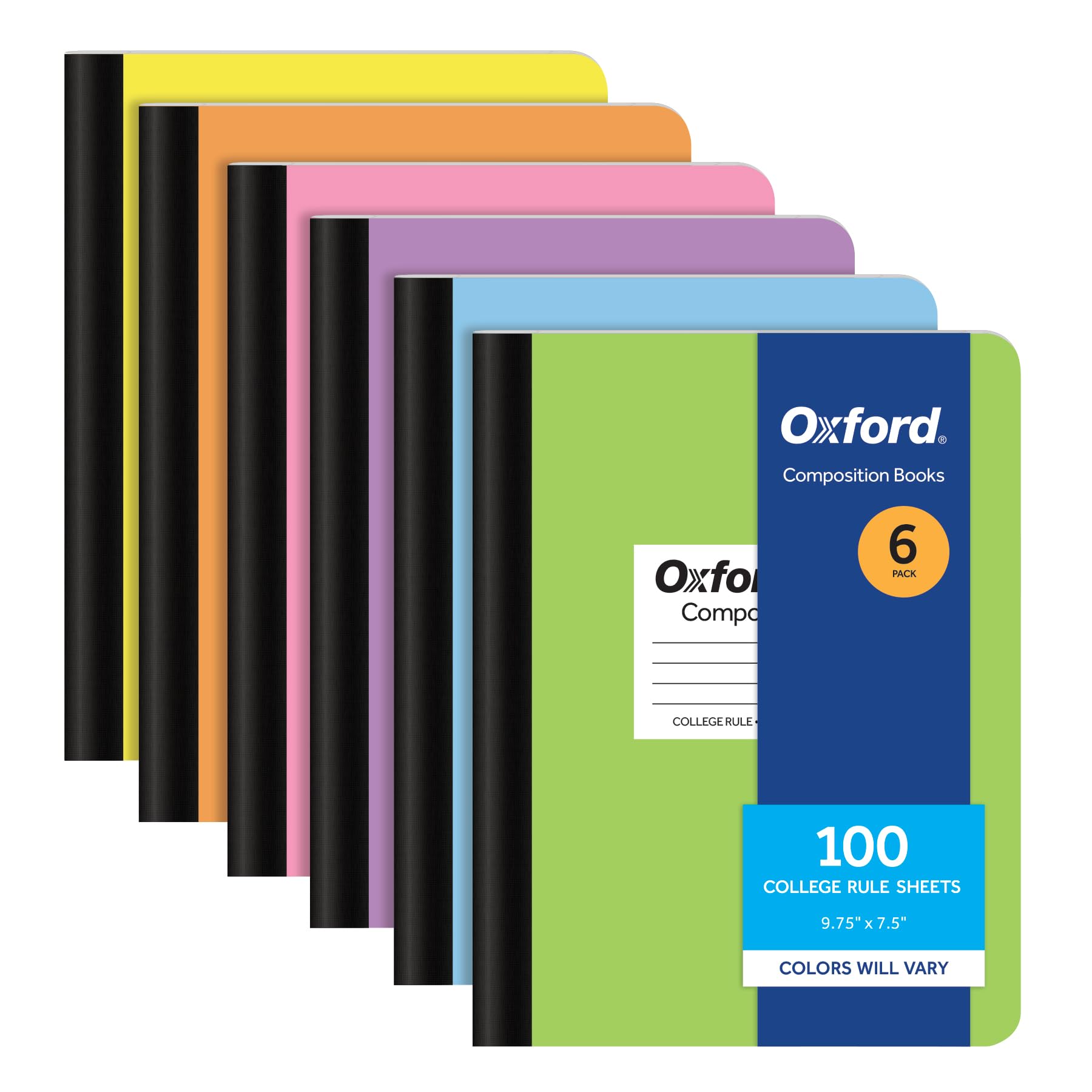Oxford Composition Notebooks, 6 Pack, Cover Colors Vary, College Ruled Paper, 9-3/4 x 7-1/2 Inch School Journals, Assorted Pastel Covers, 100 Sheets, per Book (63760)