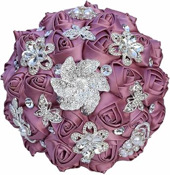 Exquisite Round Satin Rose Bouquet with Sparkling Rhinestone Brooch for Brides Bridesmaids Wedding Toss Ceremonies Mauve Purple