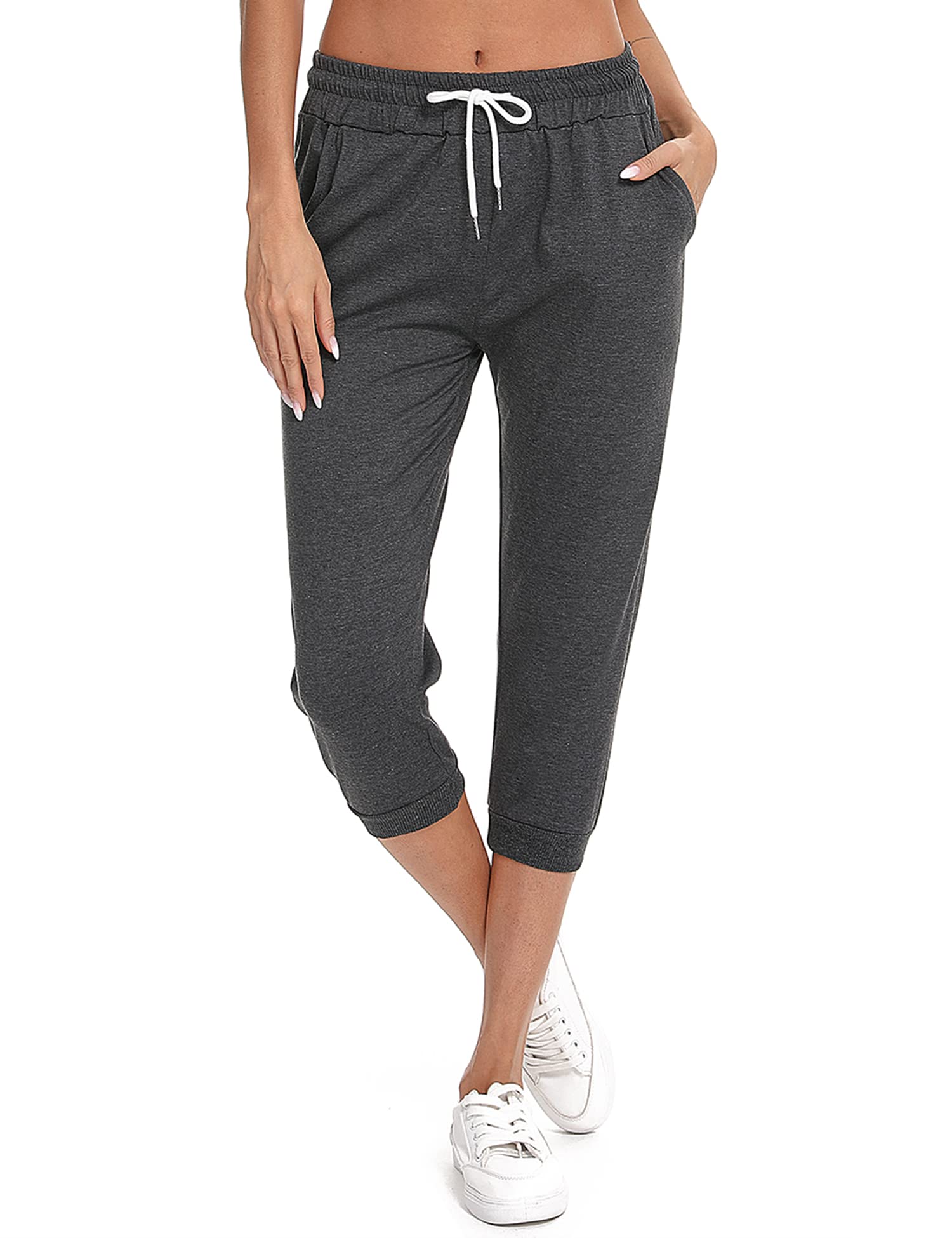 Sykooria Women's Cropped Sports Pants Cotton Capri Sweatpants Running Jogger Pants Casual Workout Tracksuit Bottoms for Yoga Fitness Gym Joggers S-XXL(Dark Grey,XXL)