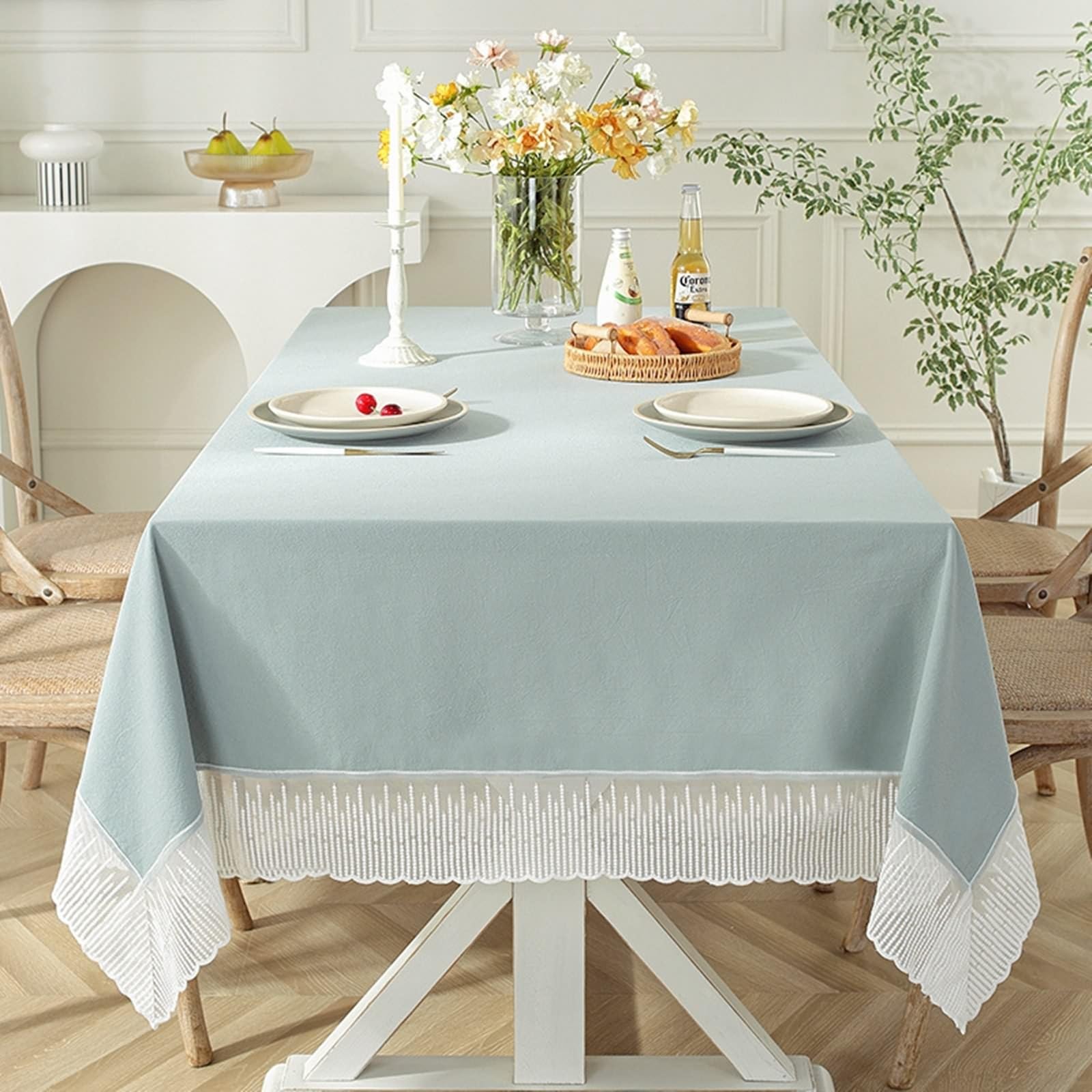 Beydodo Rectangular Table Cloths, Dining Room Table Cloths 60 x 102 inch Solid Light Blue with Lace, Decorative Table Cloth Cover Polyester