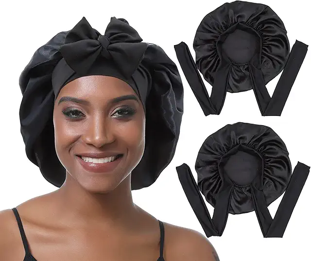 Bonnet en Satin pour Cheveux Bouclés - 2 Pièces, Taille Ajustable pour Nuit