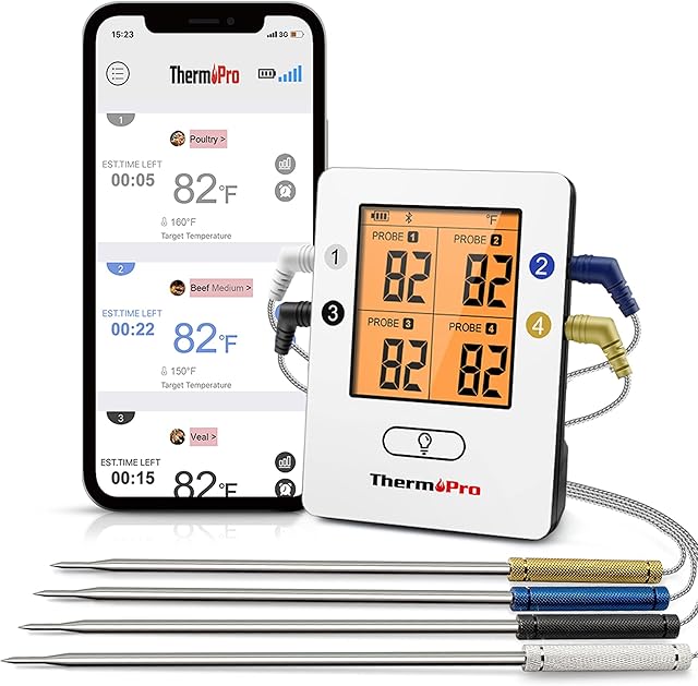 ThermoPro TP25 Bluetooth Meat Thermometer with 4 Temperature Probes Smart Wireless Digital Cooking Food BBQ Thermometer for Grilling Smart Oven Thermometer Rechargeable Smoker Thermometer