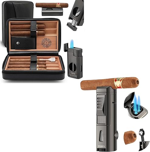 TISFA Humidor de cigarros con encendedor 3 en 1 y encendedor de antorcha con ponche de puros