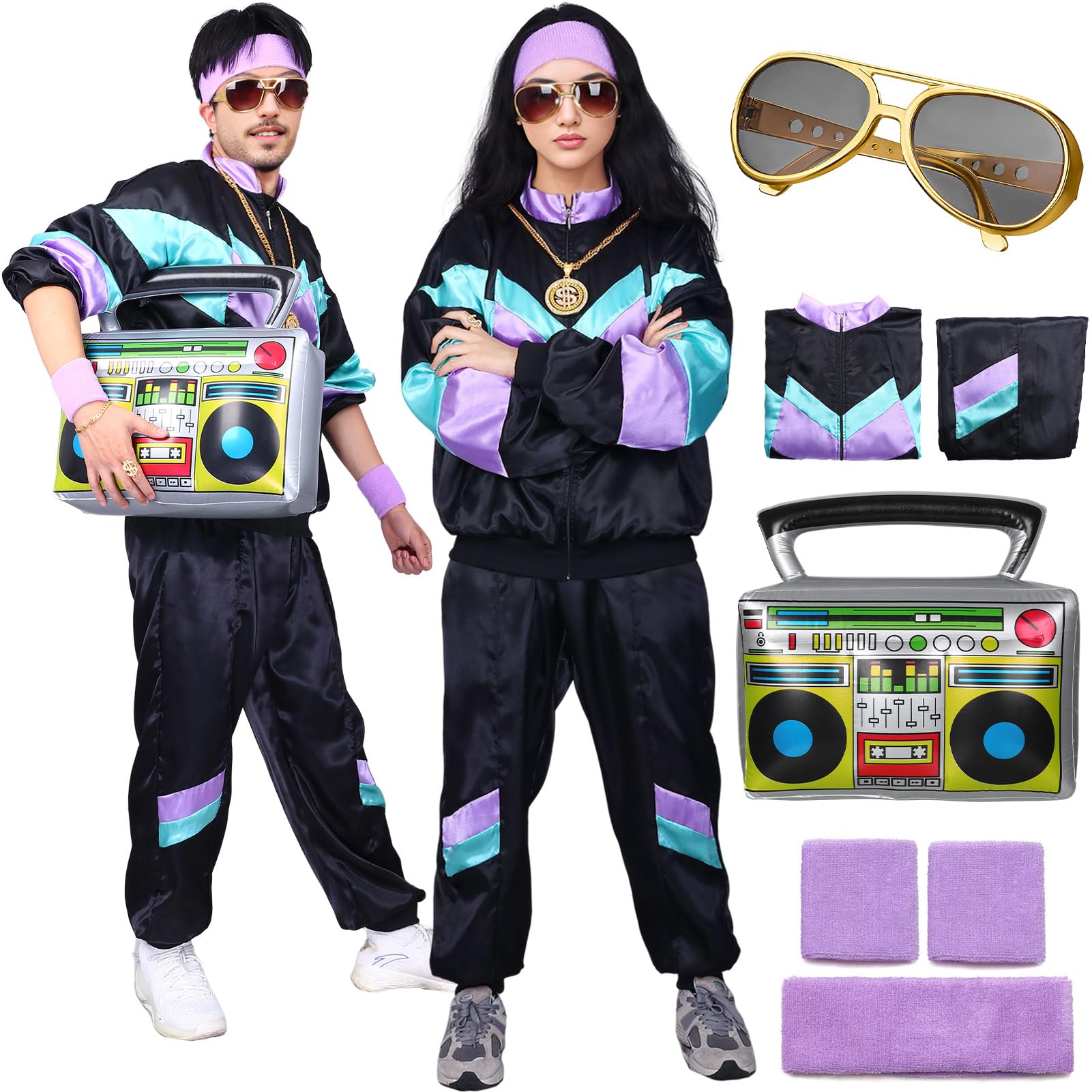 80s 90s Fancy Dress Costume Men Women Adults, Shell Suit Rave Tracksuit Retro Outfit Jacket Hip Hop Rapper Disco Accessories Carnival Halloween Party (Color 3, L)
