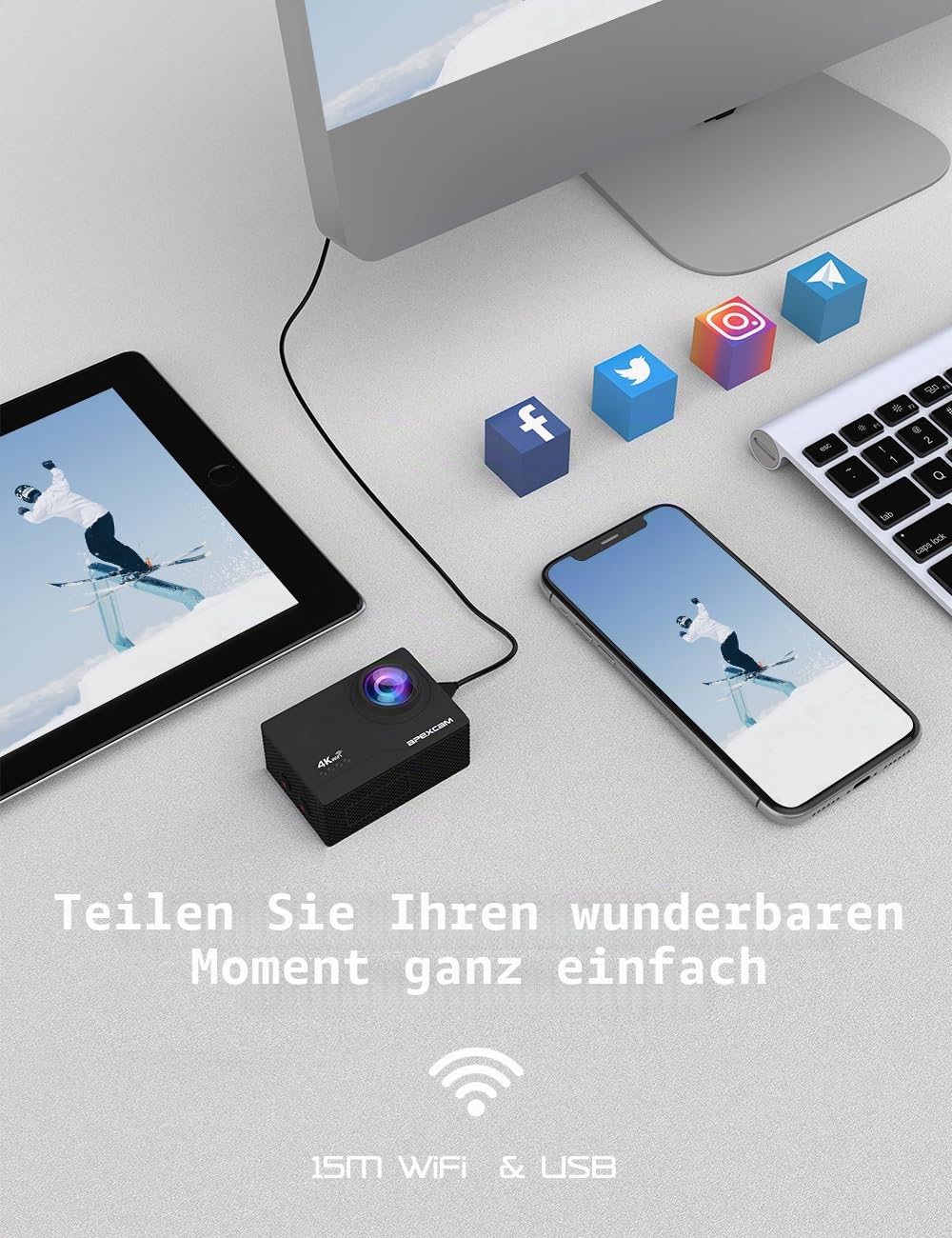 Apexcam M80Air Action Cam 4K60FPS 64MP Unterwasserkamera 40m Wasserdicht EIS Stabilisierung 8X Zoom WiFi Sportkamera mit Tasche 2.4G Fernbedienung 2x1350mAh Akkus mit Zubehör-Set