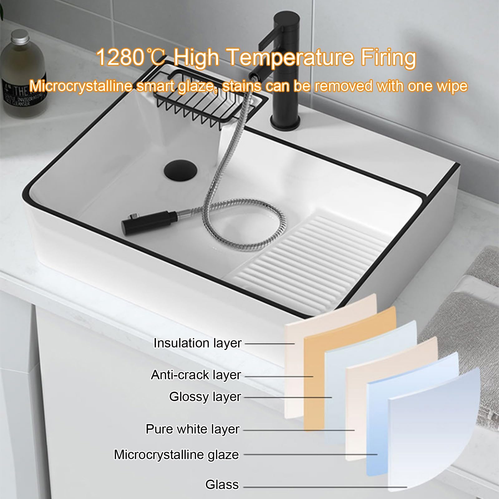 Fregadero rectangular de cerámica de porcelana moderna con grifo extraíble y drenaje lateral izquierdo para cocina, restaurante, lavandería