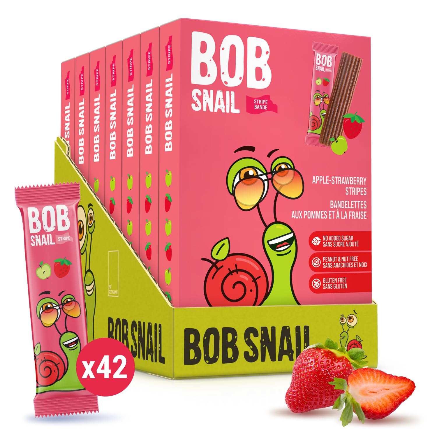 Bob Snail Fruit Leather Stripes – Strawberry Flavor – Sugar Free, Vegan, Natural Healthy Fruit Snacks for Adults and Kids, Bulk Candy Family Box, 42 Bars (Pack of 7, 588g)
