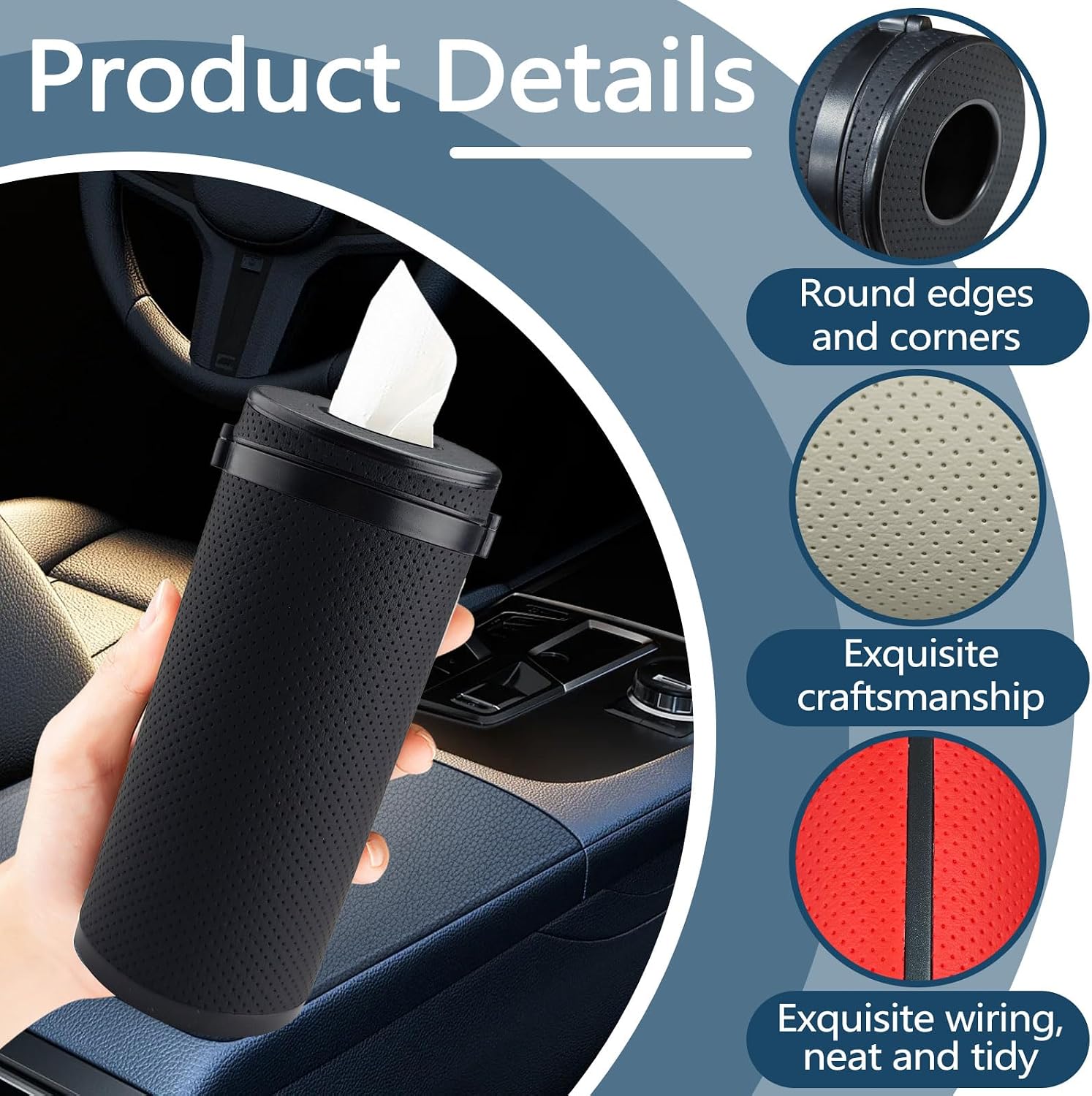 2 Pieces Leather Car Tissues Holder Cylinder with Window Breaker, Refillable Round Tissue Boxes for Car Cup Holder Container Fit Vehicle Home Office Bathroom Use (Black)